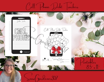 May include: Printable cell phone debt tracker with a black and white illustration of a cell phone with balloons. The text "Cell Phone Debt Tracker" is written in black text on a white background. The printable is 8.5 inches by 11 inches.