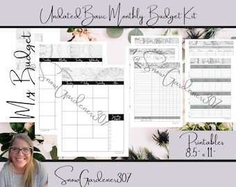 May include: A printable budget kit with a black and white floral design. The kit includes a monthly budget planner, a weekly budget planner, and an expense tracker. The pages are 8.5 inches by 11 inches.