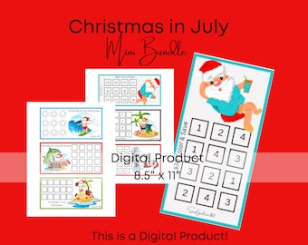 May include: A digital product bundle for Christmas in July. The bundle includes four printable activity sheets featuring Santa Claus in a tropical setting. The sheets are 8.5 inches by 11 inches.