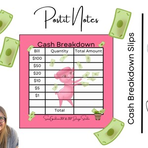 May include: A pink cash breakdown printable with a cartoon pig holding money. The printable has a table with columns for bill amount, quantity, and total amount. The printable is surrounded by green money bills.