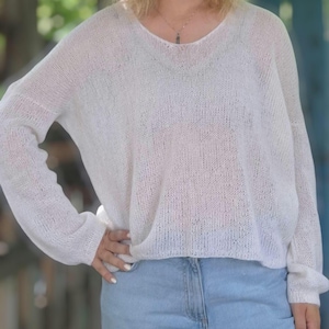 White mohair sweater Light chunky sweater Handknit sweater Chic oversized sweater Elegant wool sweater