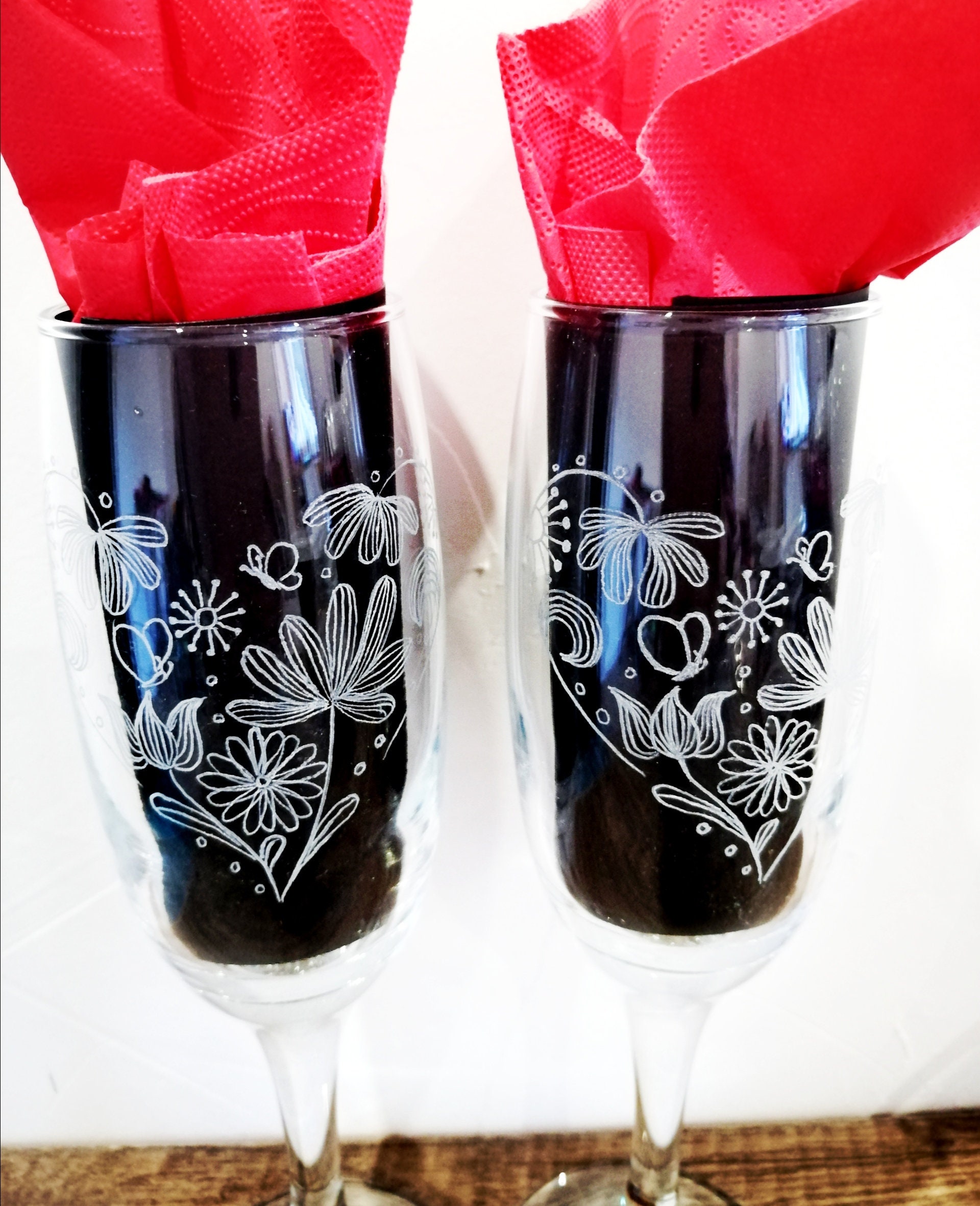 Duo Flutes Gravées Coeur Fleuris