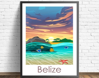 Belize Poster , Barrier Reef Travel Print | Caribbean Sea Print