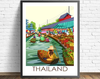 Tailandia Water Market Print / Tailandia Póster / Póster de viaje
