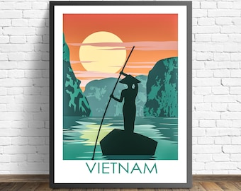 Vietnam Print / Póster de la Bahía de Halong / Cartel de Viaje