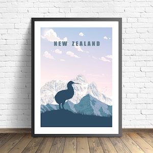 New Zealand Travel Poster | Kiwi Bird Print