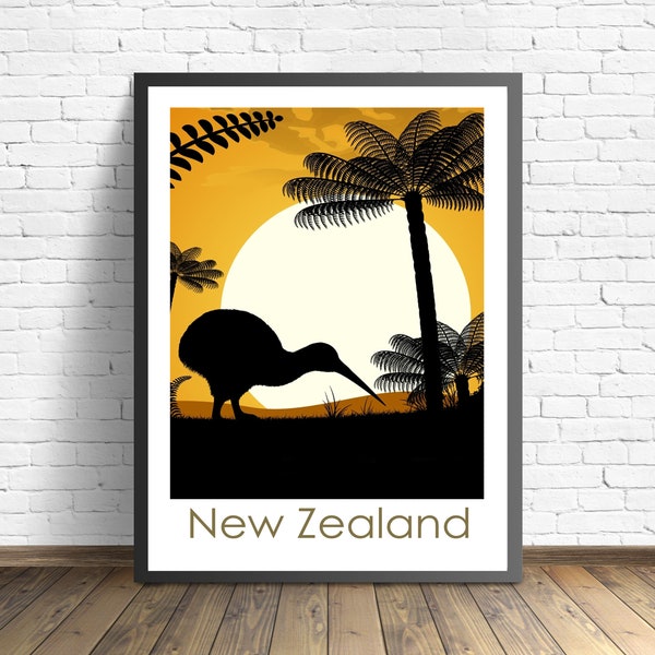 Nieuw-Zeeland Travel Poster |  Kiwi Vogel Print