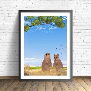 Rottnest Island Poster |  Perth reis print | Quokka kunst aan de muur
