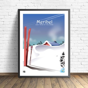 Wydruk podróżny ośrodka narciarskiego Meribel, plakat Les Trois Vallees, wydruk artystyczny francuskich Alp
