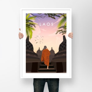 Laos Travel Poster | Laos Print | Asian Monk Wall art | Vientiane Art