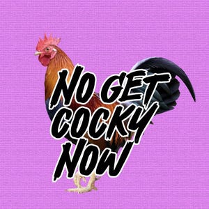 Puede incluir: Ilustración de un gallo colorido con el texto "NO GET COCKY NOW" en negrita negra con contorno blanco. El gallo es marrón, rojo y negro sobre un fondo morado texturizado.