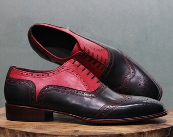 Handmade Leather Men's Black & Red Leather lace up shoes, Men stylish Round Toe Dress / Formal Wear Shoes