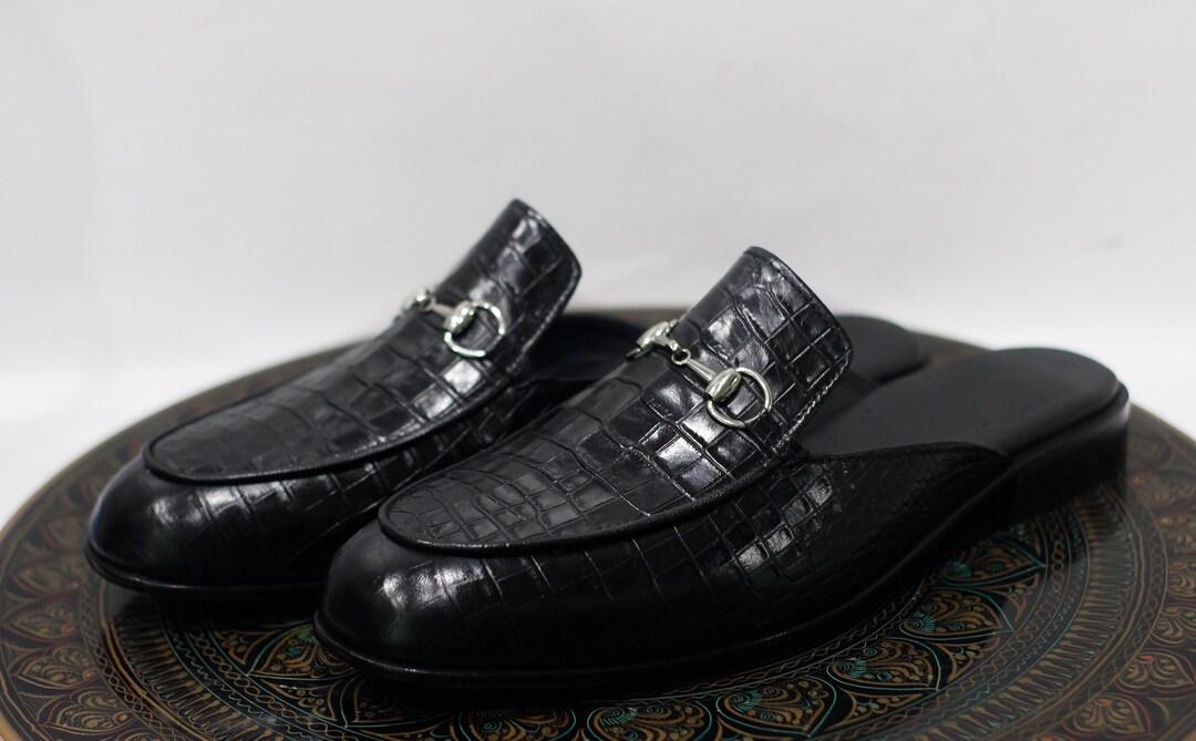 Handmade Leather Black Crocodile Textured Leather Slip on Style Casual ...