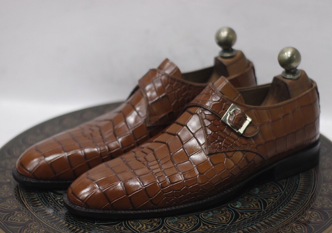 New Handmade Leather Brown Crocodile Textured Leather Monk Strap Shoes ...