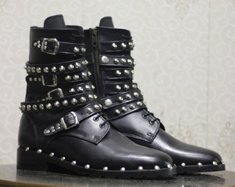 Men's Handmade Formal Leather Shoes Black Leather Lace Up High Ankle Stylish Studded Zip Up Stud & Buckle Formal Wear Boots