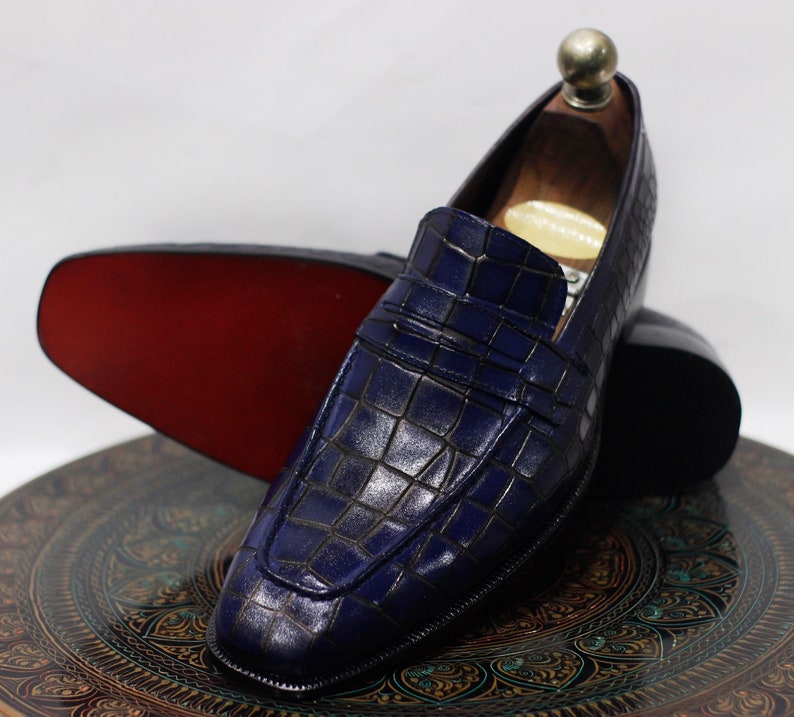 Handmade Leather Blue Crocodile Textured Leather Loafer Casual Shoes ...