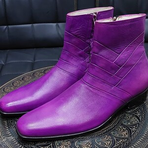 New Men's Handmade Formal Leather Purple  High Ankle  Zipper & Casual Wear Boots