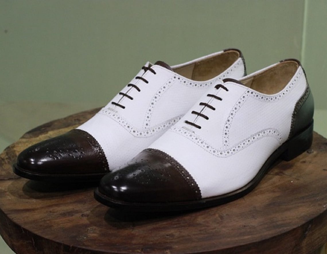 New Handmade Brown & White Leather Cap Toe Style Dress / Formal Shoes ...