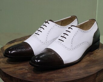 New Handmade Brown & White Leather Cap Toe Style Dress / Formal shoes, Men's stylish Lace Up Shoes