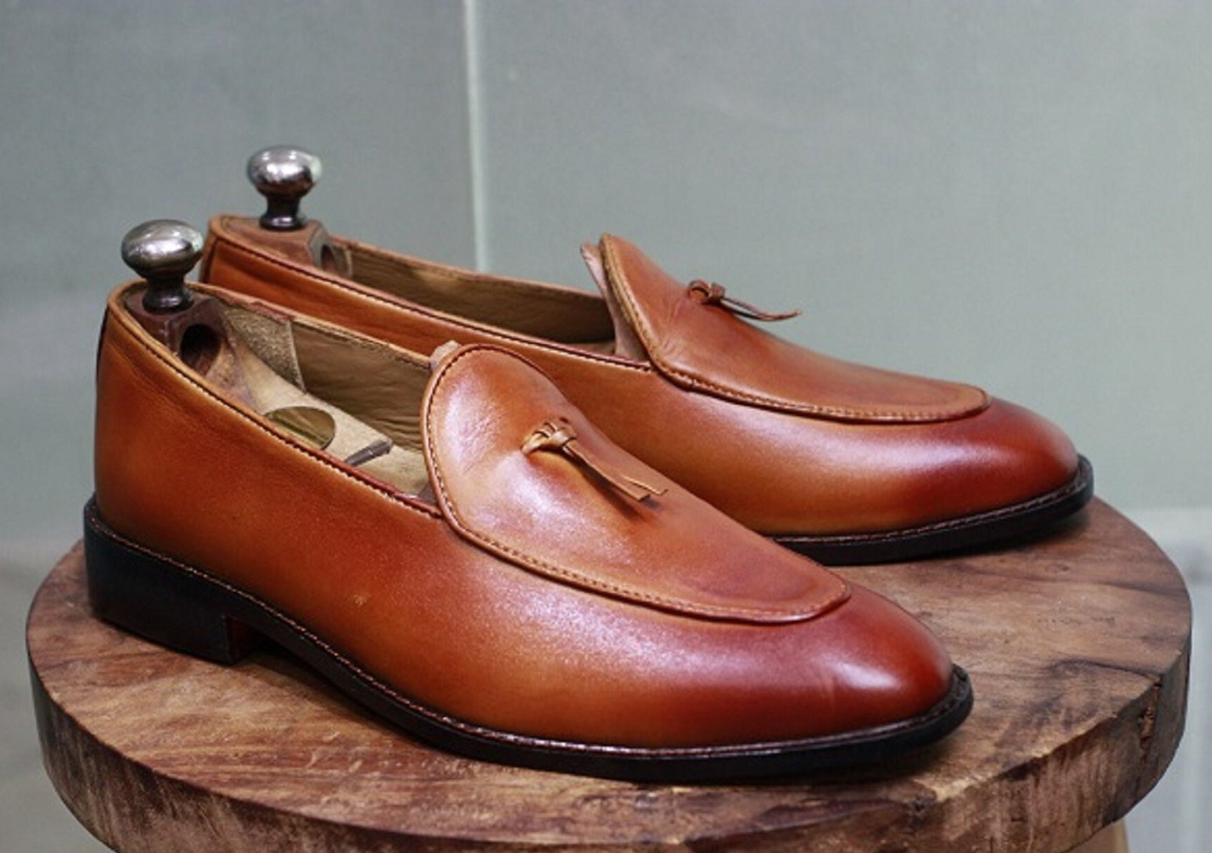 Handmade Men Brown Shaded Slip on Shoes, Men Brown Formal Dress Shoes