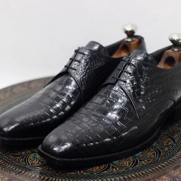 Handmade Leather Men's Black Crocodile Textured Leather lace up shoes, Men stylish Dress & Formal Wear Shoes