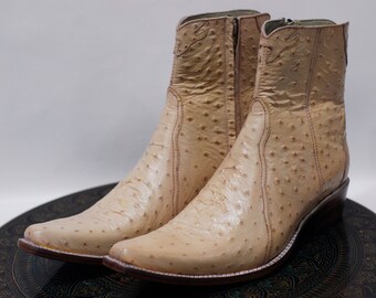 Handmade Leather Beige Ostrich Textured Leather High Ankle Dress