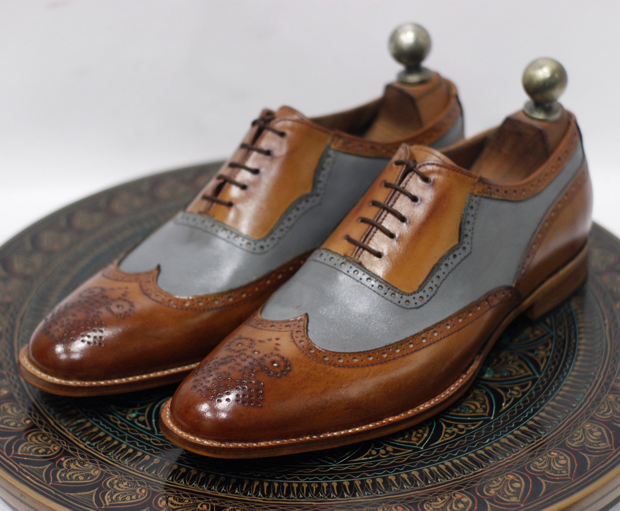 Handmade Leather Men s Brown Grey Leather Lace up Shoes Men s