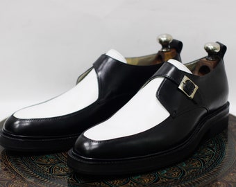 New Handmade Leather Black & White Monk Strap Brogue shoes, Men's stylish Buckle Strap Shoes