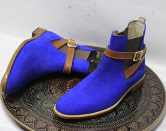 Handmade Formal Leather Shoes Blue Suede & Brown Leather High Ankle Jodhpurs Dress Casual Wear Boots