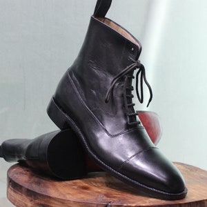 Handmade Men's Ankle High Cap Toe Leather Dress boots, Men Black