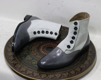 Men Handmade Leather White Gray Ankle Button Boots, Men Causal Boot