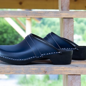 Swedish Classic Wooden Clogs / Eco Handmade / Shoes For Work / Moccasins for Men / Mules of Leather / Navy / Trend Tree