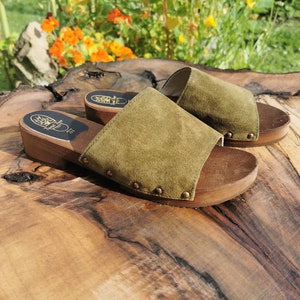 New Elegant Wooden Clogs /  Natural and Eco Handmade Clogs /  Moccasins for Woman/ Mules of  Suede / Green / High Heel / Trend Tree