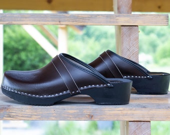 Swedish Classic Wooden Clogs / Eco Handmade / Shoes For Work / Moccasins for Men / Mules of Leather / Black /  Trend Tree