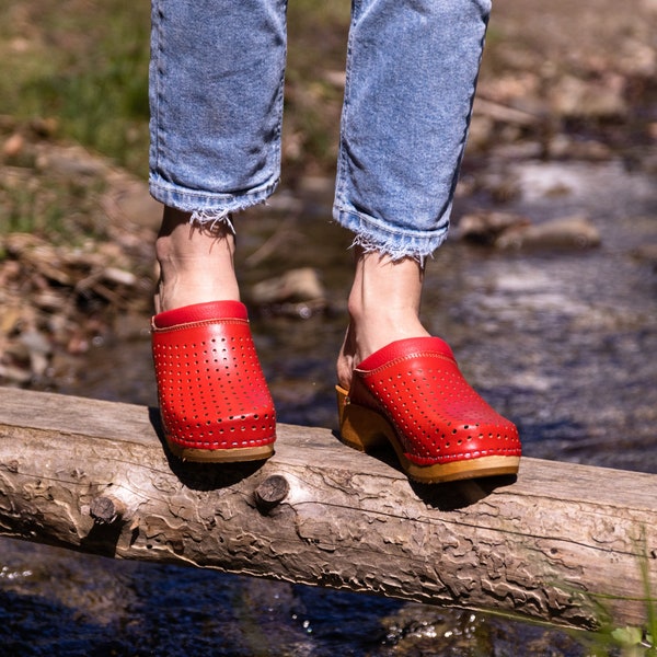 Comfortable Red Wooden Clogs - Crafted from Natural Leather and Lightweight Lime Wood, with Optional Breathable Perforation - Breathable
