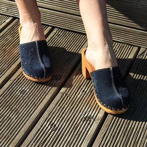 New Elegant Wooden Clogs /  Natural and Eco Handmade Clogs /  Moccasins for Woman/ Mules of  Suede /  Navy Blue /  High Heel /   Trend Tree