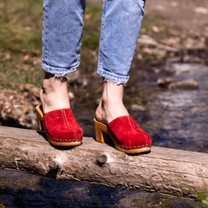 Red Suede Elegant Wooden Clogs - Handmade High Heel Mules - Comfortable & Stylish Perfect For Everyday Wear Footwear - TrendTree