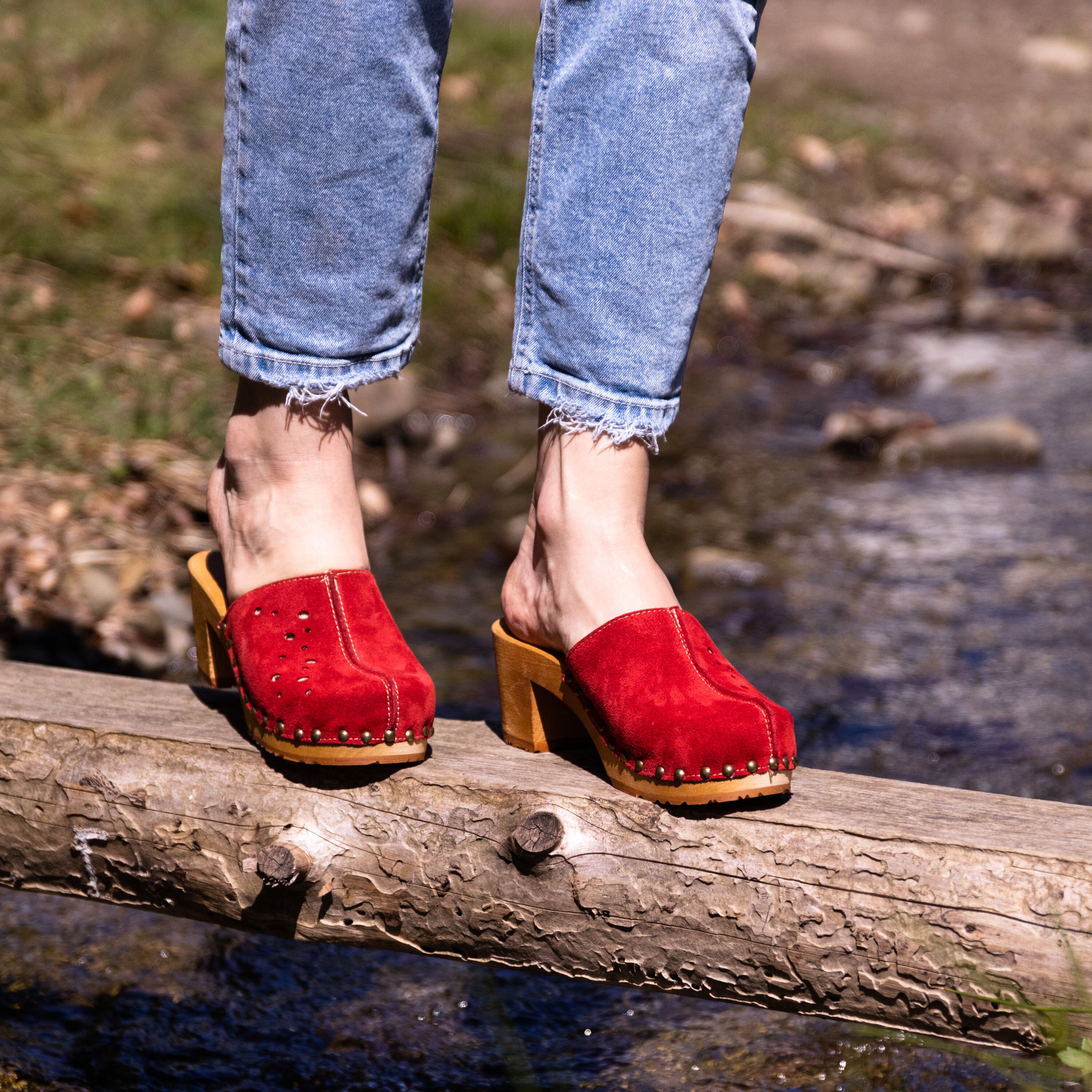 Red suede clogs best sale