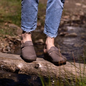 Handmade Polish Clogs - Elegant Grey Nubuck Leather - Comfortable Wooden Shoes - Stylish, Durable, Breathable - Sustainable Footwear Design