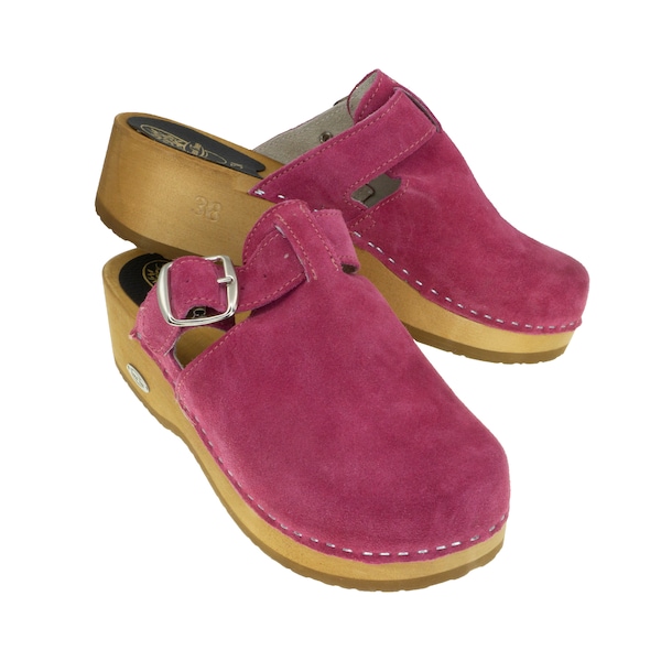 Neue Schwedische  Holzclogs / Natürliche und umweltfreundliche handgefertigte/ Mokassins für Damen / Mules aus Wildleder / Rosa / High Heel