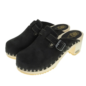 New Elegant Wooden Clogs /  Natural and Eco Handmade Clogs /  Moccasins for Woman/ Mules of  Suede /  Black /  High Heel / Trend Tree