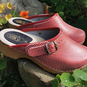 Swedish Wooden Clogs for Woman / Leather Clog / Woman High Heel Shoes / Handmade / Mules / Red with White Dots / Trend Tree