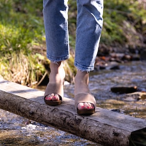 Beige Suede Leather Clogs - Comfortable Linden Wood Slippers for Summer - Non-Slip, Fashionable and Comfortable Footwear - Handmade Poland