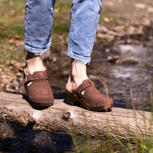 Comfortable Wooden Clogs - Brown Suede - Handcrafted , Durable and Stylish - Traditional Scandinavian Footwear - Swedish clogs