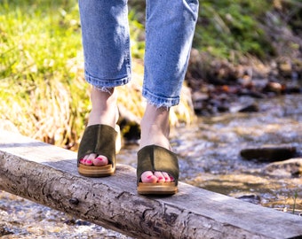 Summer Comfortable Health Wooden Clogs - Green, Open-Toe - Made of Soft Natural Leather and Lightweight Lime Wood - Swedish clogs