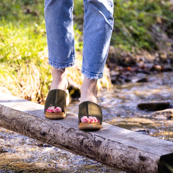 Summer Comfortable Health Wooden Clogs - Green, Open-Toe - Made of Soft Natural Leather and Lightweight Lime Wood - Swedish clogs