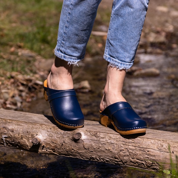 Classic Women's Clogs - Comfortable Navy Blue Footwear - Linden Wood Soles - Ideal for Everyday Wear - TrendTree's Quality Assured