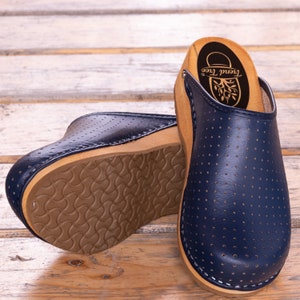 Comfortable Navy Health Swedish Clogs -  Crafted from Natural Leather and Lightweight Lime Wood, with Optional Breathable Perforation