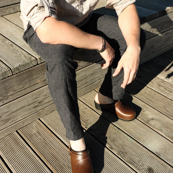 mens brown leather mules