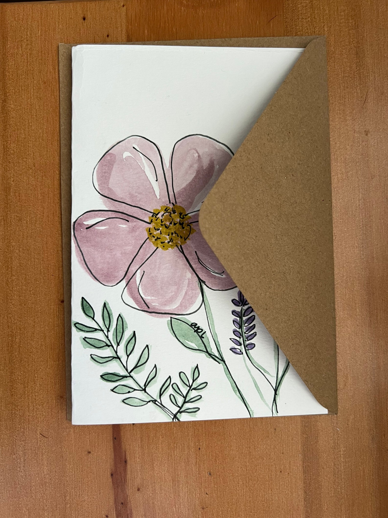 Hand Painted Watercolor Card Pink Flower - Etsy